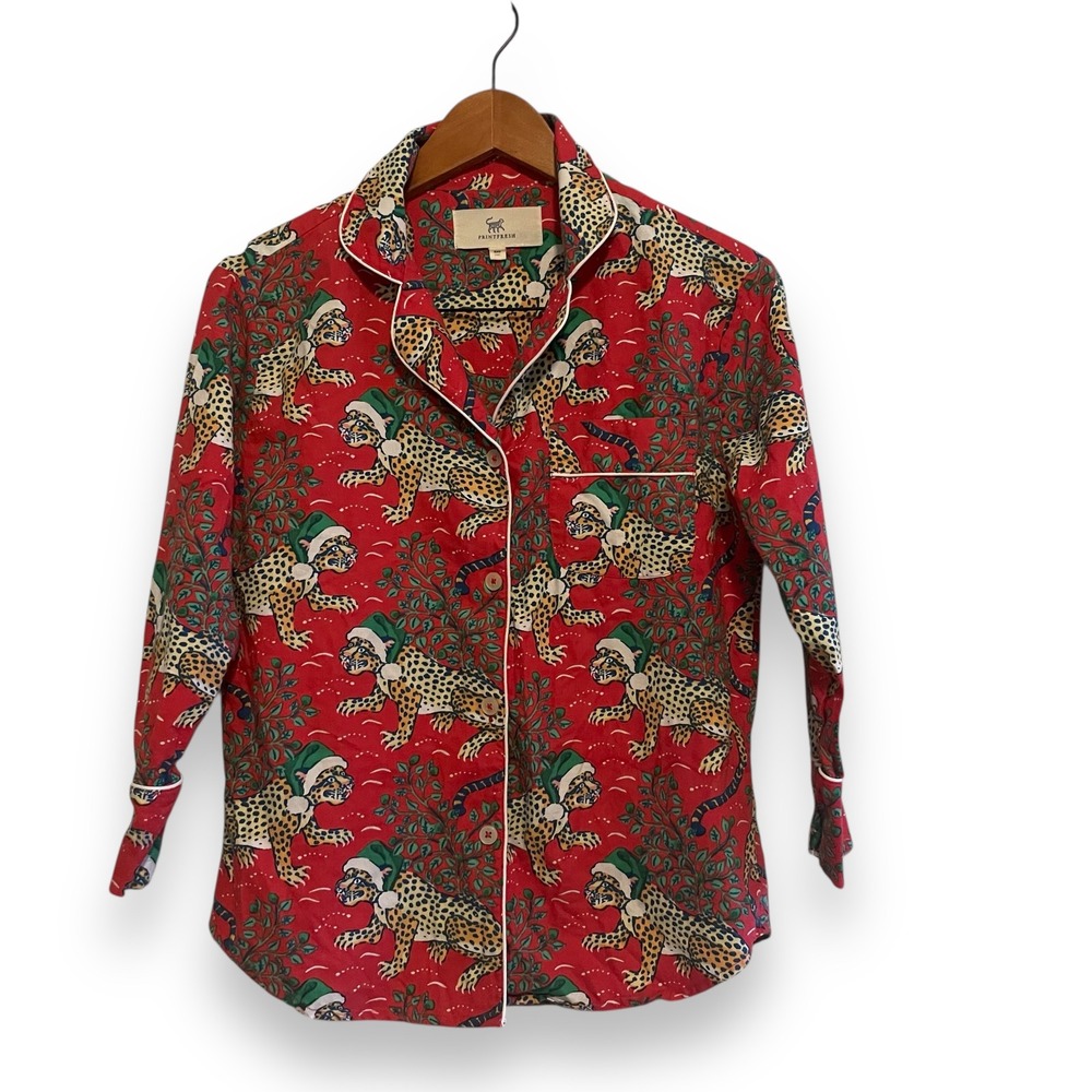 Printfresh Leopard Pajama Shirt Red‎ Green Santa Hat Festive Women's XXS